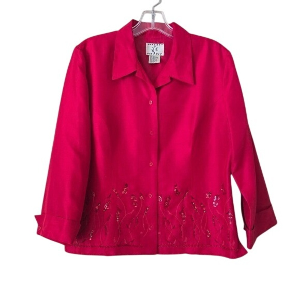 ICE Silk Embroidered Sequin Blouse Red Button Down Shirt Large Vintage